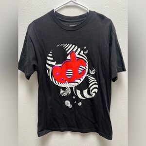 Black Graphic T-Shirt with Red and White Design